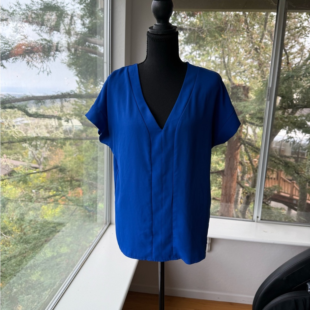 SHEIN Deep Blue V-Neck Short-Sleeve Blouse small